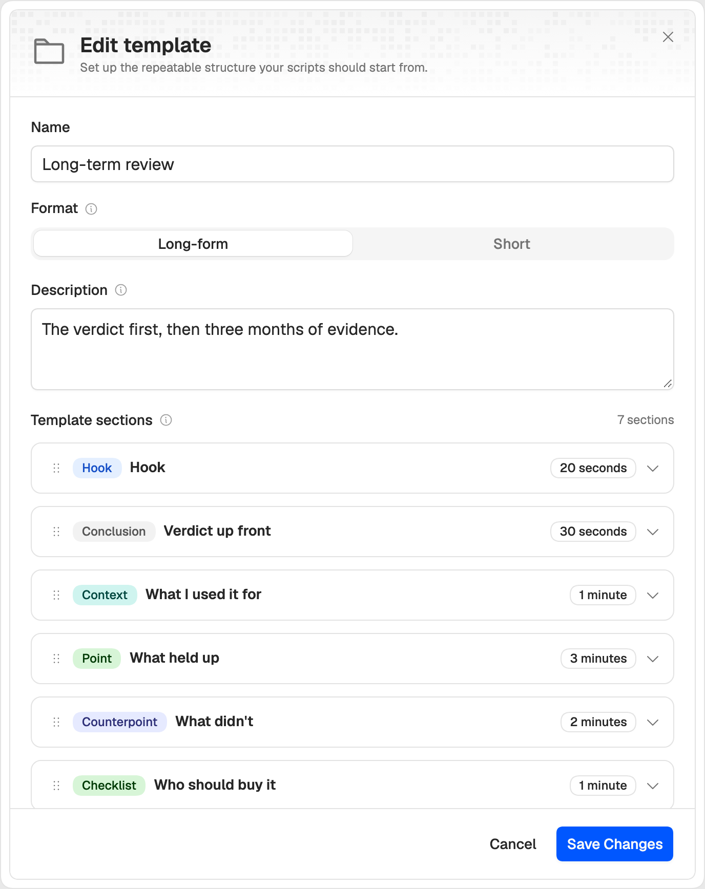 Theo's Long-term review template, seven sections in order: Hook, Verdict up front, What I used it for, What held up, What didn't, Who should buy it, each with its section type and length.